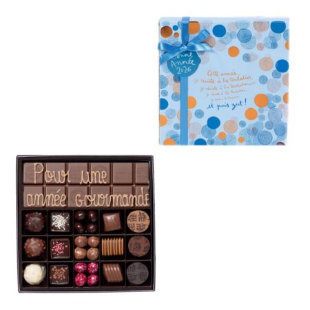 Boite Nouvel an 15 chocolats assortis et tablette de chocolat au lait