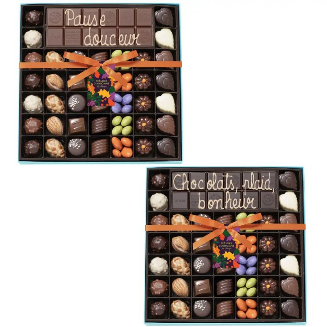 Boite 39 chocolats d'automne assortis et tablette chocolat au lait ou chocolat noir