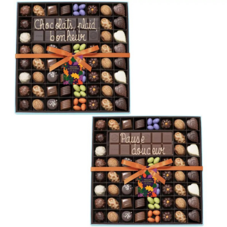 Boite 54 chocolats d'Automne assortis et tablette chocolat au lait ou chocolat noir